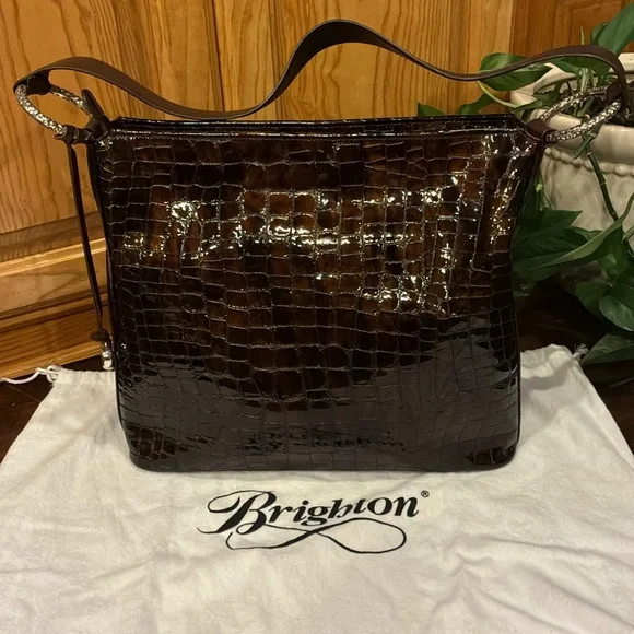 Like New Brighton Cher Brown Patent Leather Embossed Shoulder Bag (ABBA) - Picture 1 of 16